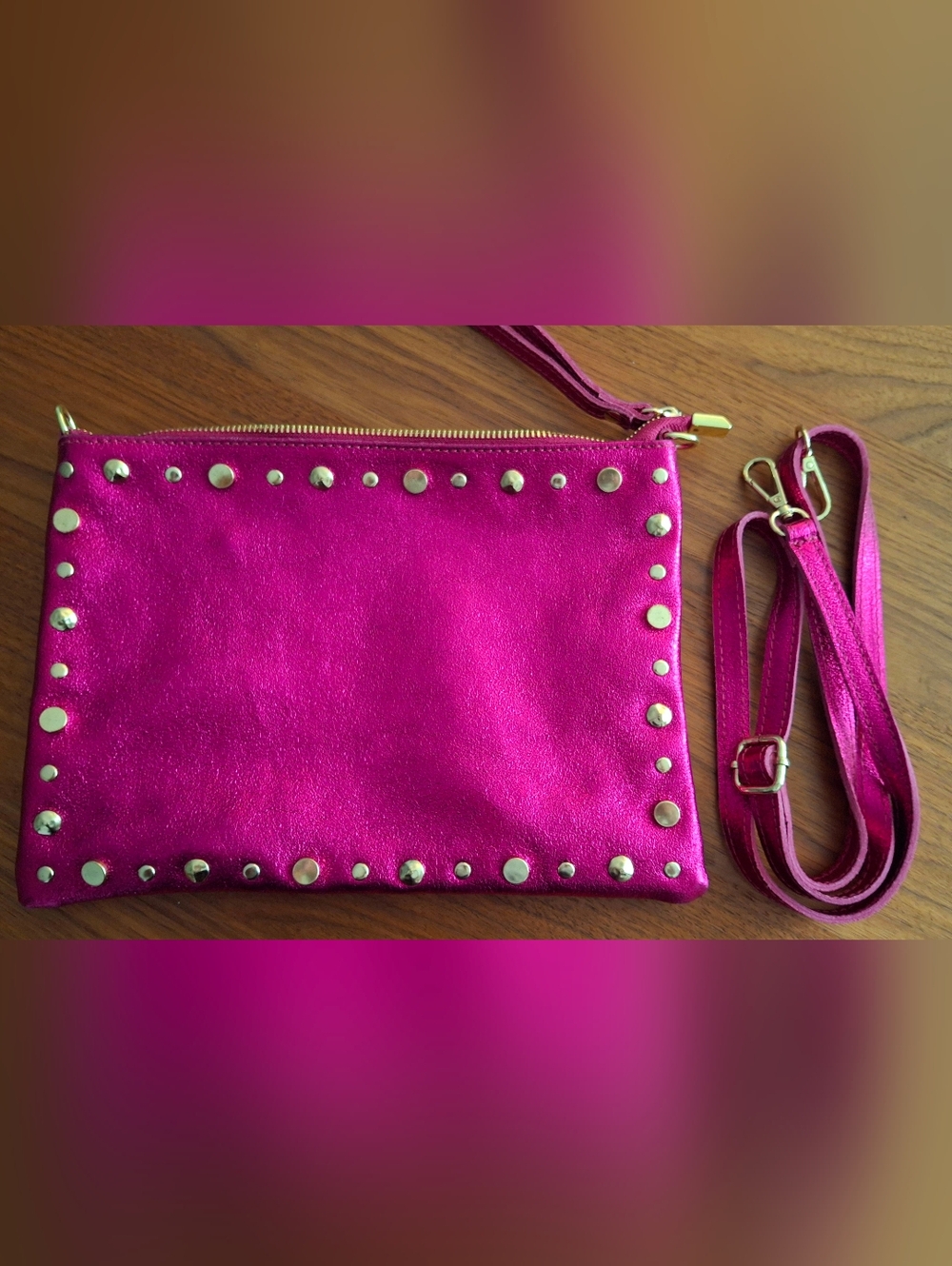 Fuchsia Studded Wristlet Clutch - Women GENUINE LEATHER